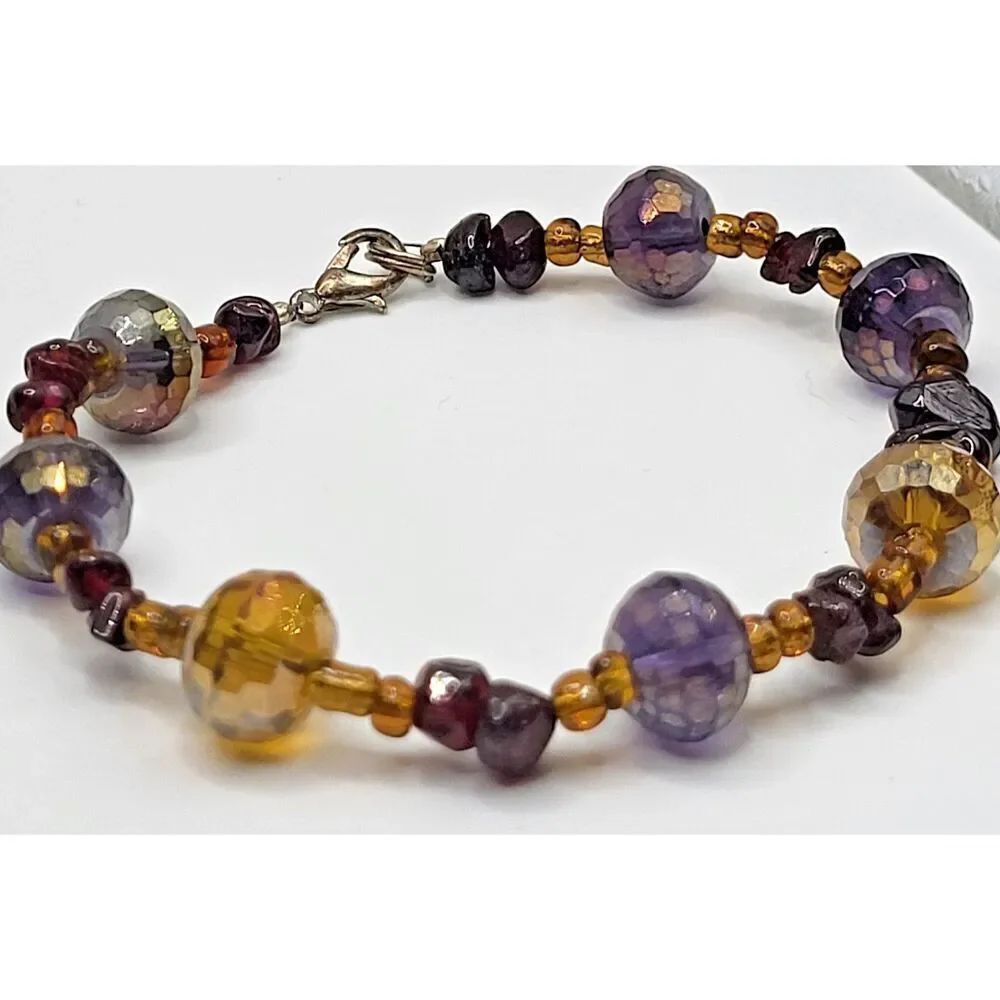 Bohemian Vintage Garnet Faceted Crystal Gold Bracelet 9in